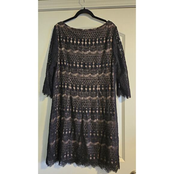 Jessica Howard Womens 16 Sheath Dress Scalloped Black Lace Overlay 3/4 Sleeves - Picture 3 of 8